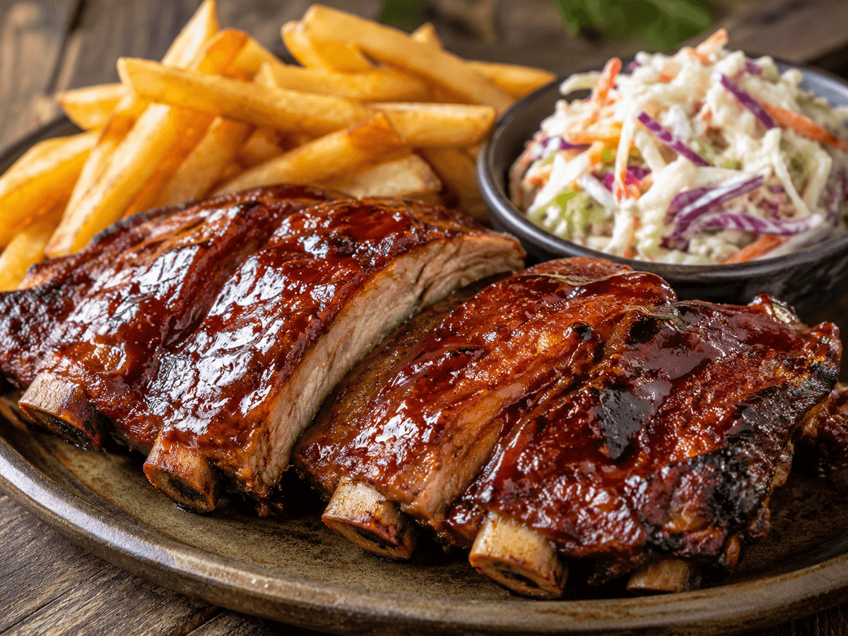 Coasta de Porc cu Sos Barbeque, cartofi Prajiti, salata Coleslaw